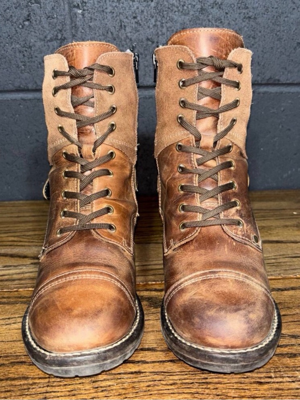 Taos Footwear Brown Leather Lace Up Boots with Suede Collar and side zip